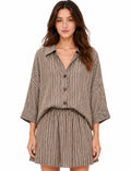 PLUS SIZE 3/4 SLEEVE BUTTON DOWN STRIPE SHIRT