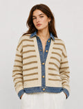 SWEATER KNIT DENIM COLLARED CARDIGAN