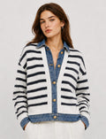 SWEATER KNIT DENIM COLLARED CARDIGAN